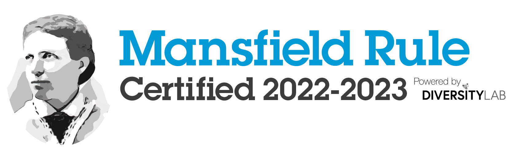 Mansfield Rule Certified 2022-2023 badge, powered by Diversity Lab. The badge features a grayscale illustration of Arabella Mansfield, the first female lawyer in the United States, next to the certification text in blue and black.