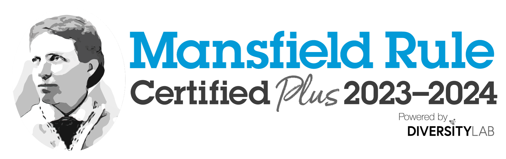 Mansfield Rule Certified Plus 2023–2024 badge, powered by Diversity Lab, featuring a grayscale illustration of Arabella Mansfield, the first female lawyer in the United States.