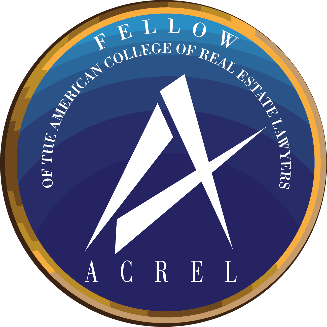 Badge for Fellows of the American College of Real Estate Lawyers (ACREL). The badge has a gradient blue background with a large white letter 'A' in the center. The words 'Fellow of the American College of Real Estate Lawyers' are written in white around t
