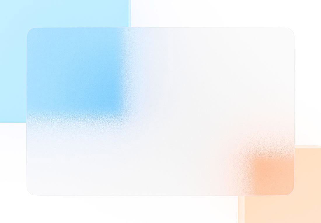 A rectangular frosted glass panel with rounded corners is positioned against a background featuring soft blue and peach-colored squares. The panel partially obscures t